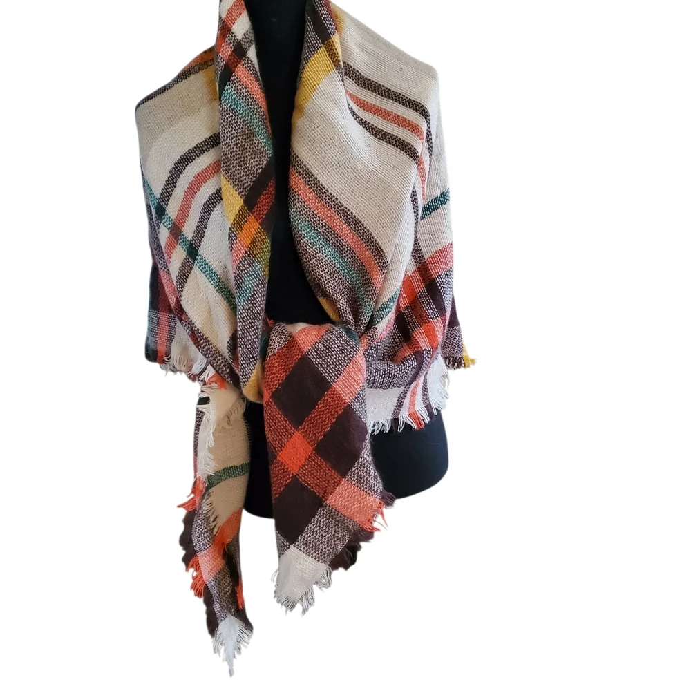 Tartan Plaid Blanket‎ Scarf Shawl Wrap Orange Ivory Dark Brown Cozy Cottagecore